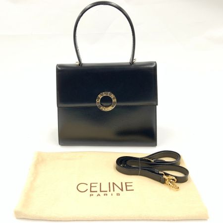  CELINE セリーヌ トップハンドル サークルロゴ ハンドバッグ F-21305 ブラック