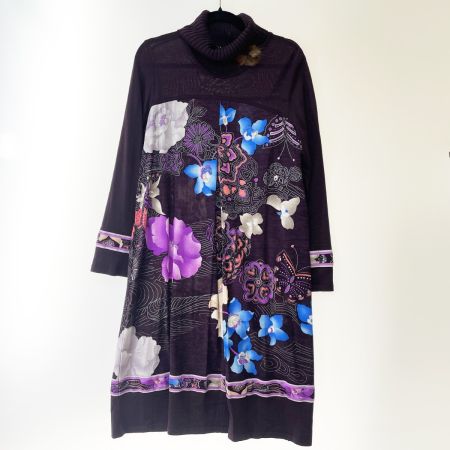  LEONARD レオナール レディース  ワンピース 花柄 インナー、ファーブローチ付き サイズLL パープル