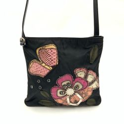 〇〇 PRADA プラダ フラワー 刺繍 ナイロン 斜め掛け ショルダーバッグ ブラック Bランク