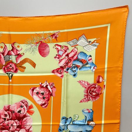  HERMES エルメス 大判スカーフ カレ90 CONFIDENTS DES COEURS 心の友 テディベア オレンジ