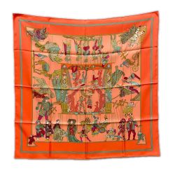 〇〇 HERMES エルメス 大判スカーフ カレ90 LE TEMPS des MARIONNETTES マリオネットの時間 オレンジ Aランク