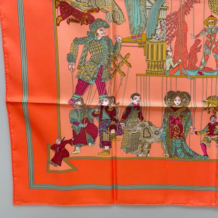  HERMES エルメス 大判スカーフ カレ90 LE TEMPS des MARIONNETTES マリオネットの時間 オレンジ