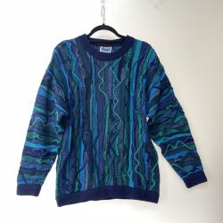 〇〇 AKLANDA メンズ セーター クージー風 立体編み ウール100% SIZE S ブルー×グリーン Bランク