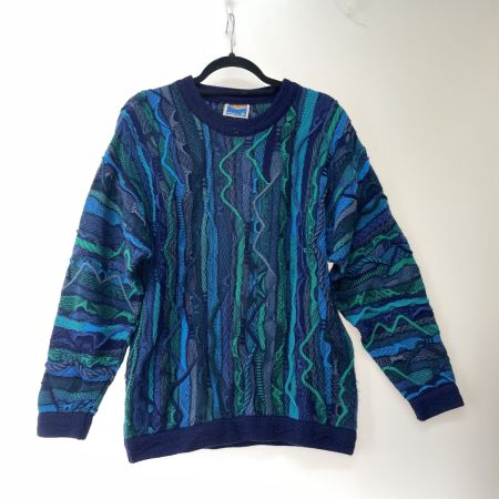  AKLANDA メンズ セーター クージー風 立体編み ウール100% SIZE S ブルー×グリーン