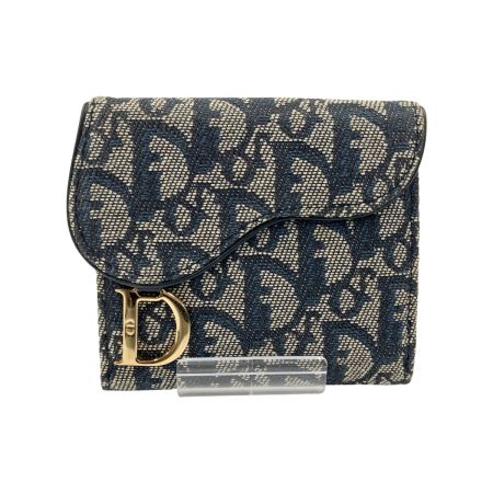  Christian Dior クリスチャンディオール トロッター サドル 二つ折り財布 コンパクト財布 ネイビー x グレー
