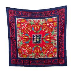 〇〇 HERMES エルメス 大判スカーフ カレ90 EARLY AMERICA 古き良きアメリカ ネイビー×レッド Bランク