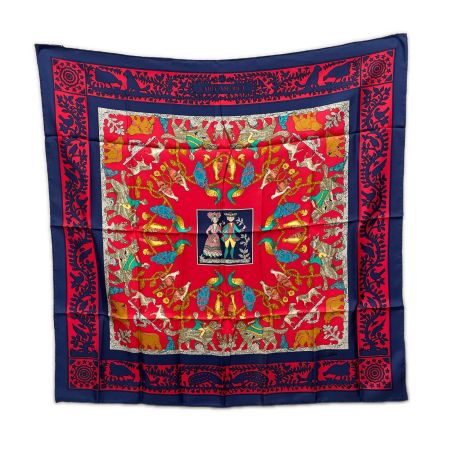  HERMES エルメス 大判スカーフ カレ90 EARLY AMERICA 古き良きアメリカ ネイビー×レッド