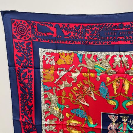  HERMES エルメス 大判スカーフ カレ90 EARLY AMERICA 古き良きアメリカ ネイビー×レッド