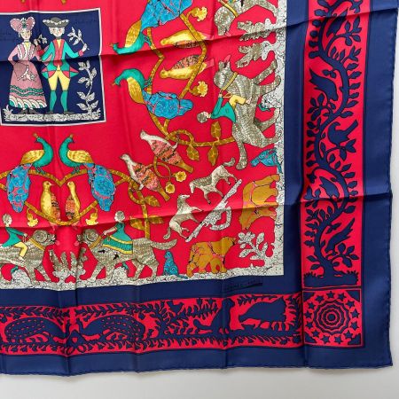  HERMES エルメス 大判スカーフ カレ90 EARLY AMERICA 古き良きアメリカ ネイビー×レッド