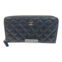 〇〇 CHANEL シャネル ココマーク キャビアスキン マトラッセ ラウンドファスナー長財布 ブラック Bランク