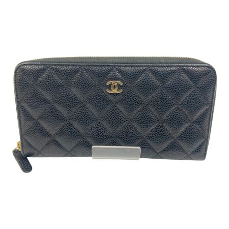  CHANEL シャネル ココマーク キャビアスキン マトラッセ ラウンドファスナー長財布 ブラック