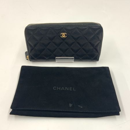  CHANEL シャネル ココマーク キャビアスキン マトラッセ ラウンドファスナー長財布 ブラック