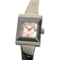  GUCCI グッチ 128.5 Gフレーム スクエア バングルウォッチ 腕時計 シルバー x ピンク Bランク