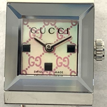  GUCCI グッチ 128.5 Gフレーム スクエア バングルウォッチ 腕時計 シルバー x ピンク