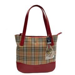 BURBERRY バーバリー ノバチェック キャンバス トートバッグ ハンドバッグ BXL11-024 ベージュ x レッド 未使用品 Sランク
