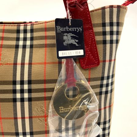 BURBERRY バーバリー ノバチェック キャンバス トートバッグ ハンドバッグ BXL11-024 ベージュ x レッド 未使用品