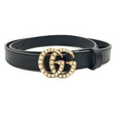 GUCCI グッチ GGマーモント ダブルG フェイクパール レザー バックルベルト ブラック Bランク
