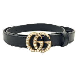 GUCCI グッチ GGマーモント ダブルG フェイクパール レザー バックルベルト ブラック Bランク