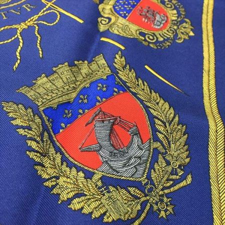 HERMES エルメス カレ42 LES ARMES DE PARIS プチスカーフ シップ ネイビー シルク100%