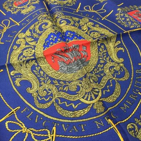  HERMES エルメス カレ42 LES ARMES DE PARIS プチスカーフ シップ ネイビー シルク100%