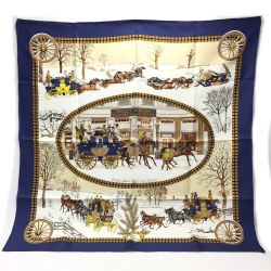 ☆☆ HERMES エルメス カレ90 The Bull＆Mouth.Regent’s Circus.Piccadilly ネイビーxベージュ シルクスカーフ 箱有 Aランク