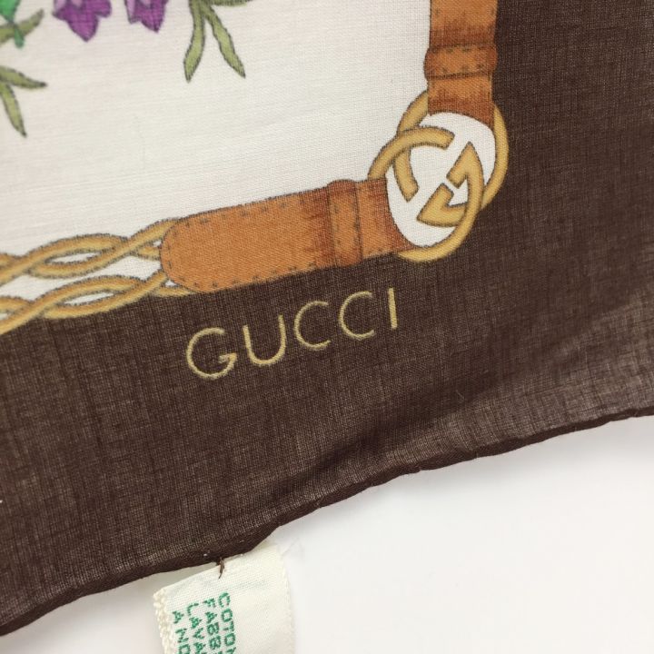 GUCCI グッチ 花柄 コットン スカーフ ブラウン ヴィンテージ 50cm×50cm ハンカチ