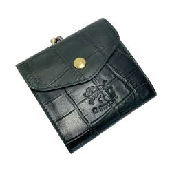 ☆☆ IL BISONTE イルビゾンテ クロコ型押し がま口 2つ折り財布 C0960 ダークグリーン レザー 布袋有 Bランク
