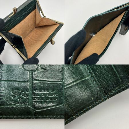  IL BISONTE イルビゾンテ クロコ型押し がま口 2つ折り財布 C0960 ダークグリーン レザー 布袋有