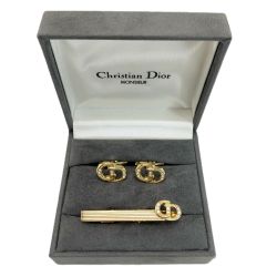☆☆ Christian Dior クリスチャンディオール タイピン・カフスセット CDロゴ MONSIEUR ゴールド ラインストーン Bランク