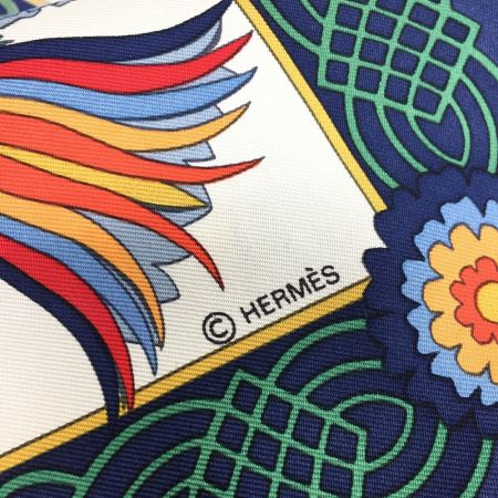  HERMES エルメス カレ90 Decoupages 切り絵 シルクスカーフ  ネイビーｘアイボリー シルク100％ Bランク