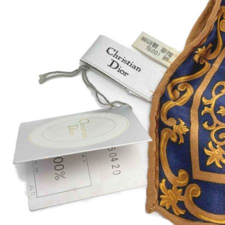 Christian Dior クリスチャンディオール 唐草 シルクスカーフ ネイビー×ブラウン シルク100％ Aランク