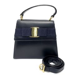 ☆☆ Salvatore Ferragamo サルヴァトーレフェラガモ ヴァラ リボン 2WAYバッグ AT-21 5677 ネイビー 布袋有 Bランク