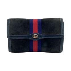 ☆☆ GUCCI グッチ オールドグッチ シェリーライン セカンドバッグ ネイビー スウェード×レザー クラッチバッグ Cランク