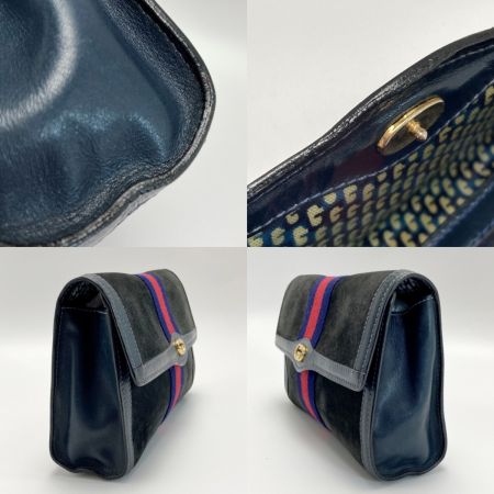  GUCCI グッチ オールドグッチ シェリーライン セカンドバッグ ネイビー スウェード×レザー クラッチバッグ