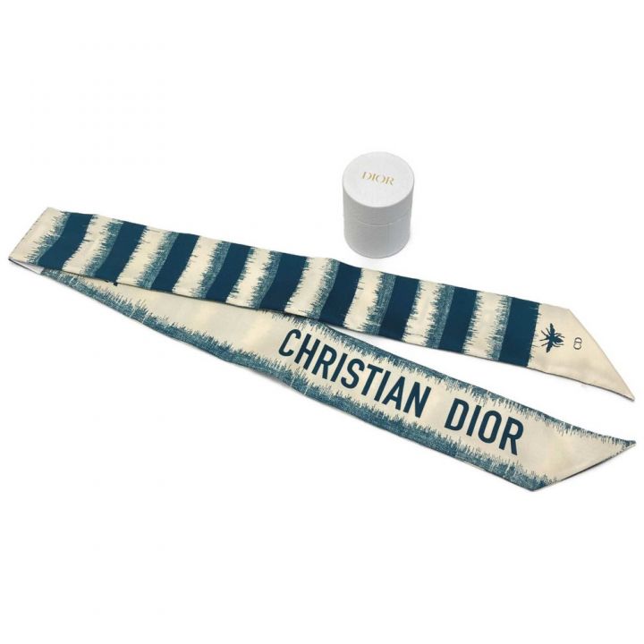 Christian Dior クリスチャンディオール ミッツァ D-STRIPES リボンスカーフ グリーン×アイボリー シルク100％  箱有｜中古｜なんでもリサイクルビッグバン