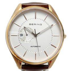 ☆☆ BERING 自動巻き 16243-564 ブラウン アナログ 白文字盤 レザー メンズ 腕時計 Sランク