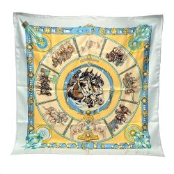 ☆☆ HERMES エルメス カレ90 CHEVAUX DE TRAIT 輓馬 シルクスカーフ スカイブルーｘベージュ シルク100％ Bランク