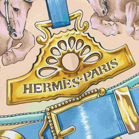  HERMES エルメス カレ90 CHEVAUX DE TRAIT 輓馬 シルクスカーフ ライトブルー系 シルク100％ Bランク