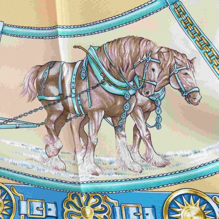 HERMES エルメス カレ90 CHEVAUX DE TRAIT 輓馬 シルクスカーフ スカイブルーｘベージュ  シルク100％｜中古｜なんでもリサイクルビッグバン