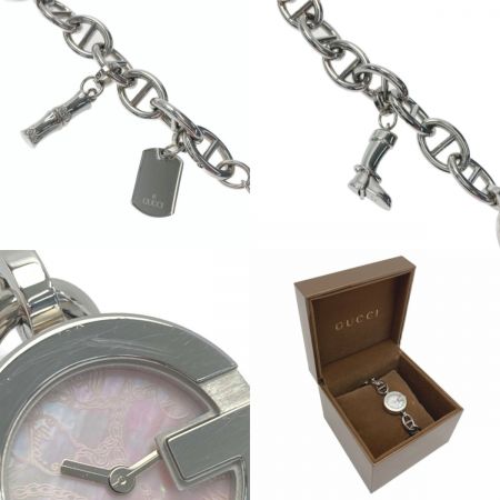  GUCCI グッチ Gチャーム ブレスウォッチ 3チャーム 107 ピンクシェル クォーツ レディース 腕時計 箱有