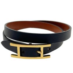 ☆☆ HERMES エルメス ビーアピ ドゥブルトゥール ブレスレット M刻印 ブラック ゴールド金具 アクセサリー Bランク