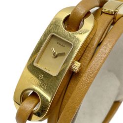 ☆☆ GUCCI グッチ ブレスウォッチ クォーツ 6100L ゴールド×ブラウン系 レザー レディース 腕時計 Bランク