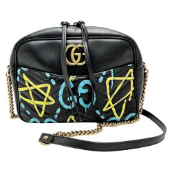 ☆☆ GUCCI グッチ GGマーモント 443499 ブラック/イエロー/ブルー チェーンショルダーバッグ レディース ゴールド金具 Bランク