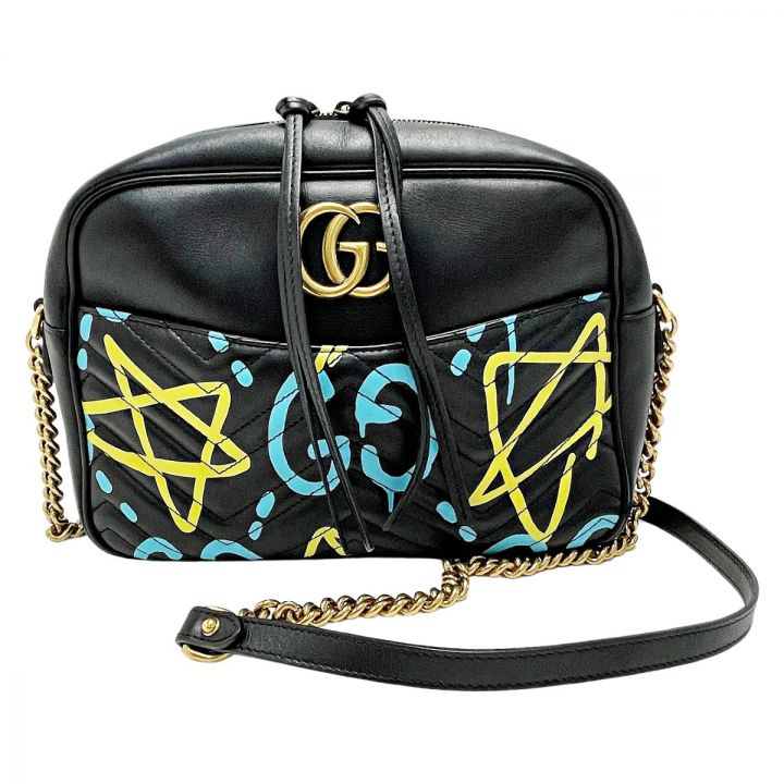 GUCCI グッチ GGマーモント 443499 ブラック/イエロー/ブルー チェーンショルダーバッグ レディース  ゴールド金具｜中古｜なんでもリサイクルビッグバン