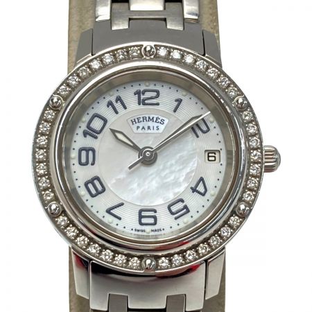  HERMES エルメス クリッパー ダイヤベゼル CP1.230 シェル文字盤 クォーツ レディース 腕時計