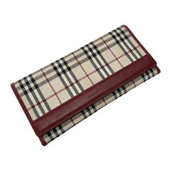 ☆☆ BURBERRY バーバリー ノバチェック 2つ折り長財布 バーガンディー キャンバス ×レザー Bランク