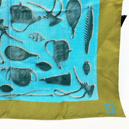  FENDI フェンディ シルクスカーフ ブルー×グリーン シルク100%