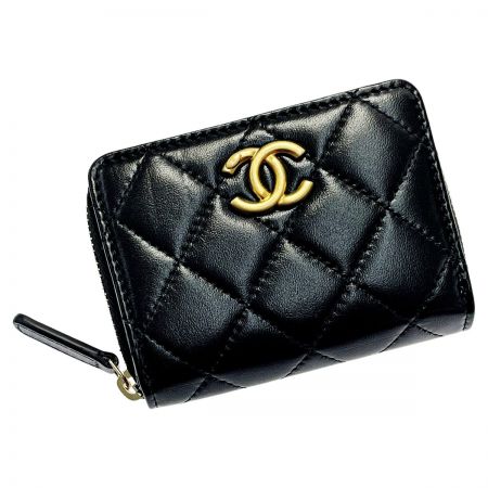  CHANEL シャネル ジップコインパース ブラック ココマーク ラムスキン レディース ゴールド金具 ギャランティ有