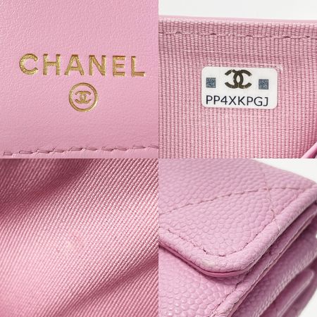  CHANEL シャネル フラップウォレット ピンク 3つ折り財布 キャビアスキン レディース ゴールド金具