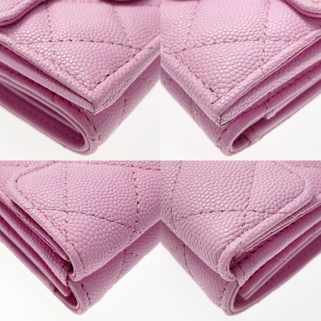  CHANEL シャネル フラップウォレット ピンク 3つ折り財布 キャビアスキン レディース ゴールド金具